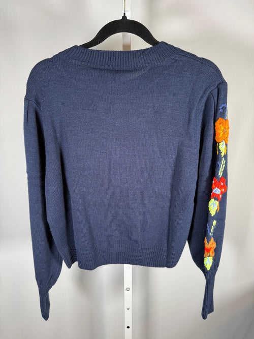 NWT Something Navy Navy Floral Embroidered Crew Neck Sweater Size XXS