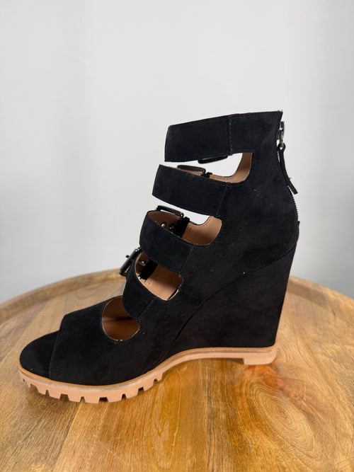 NWB Linea Paolo Wisteria Black Suede Buckle Wedge Sandals Size 8