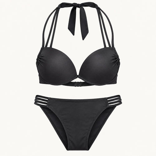 NWT CUPSHE Black Double Strap Strappy Two Piece Bikini Set Size Large