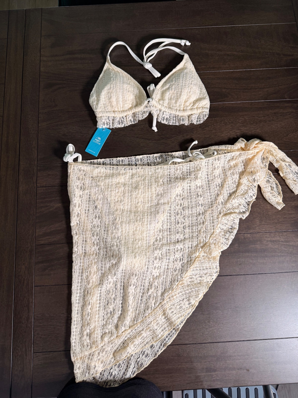 NWT CUPSHE Women’s Cream Lace 3 Piece Bikini Set with Wrap Skirt Size Large