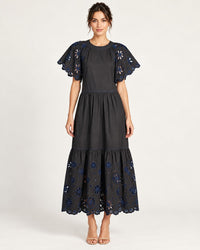 NWT Something Navy Black Combo Floral Eyelet Embroidered Tiered Dress Size XS