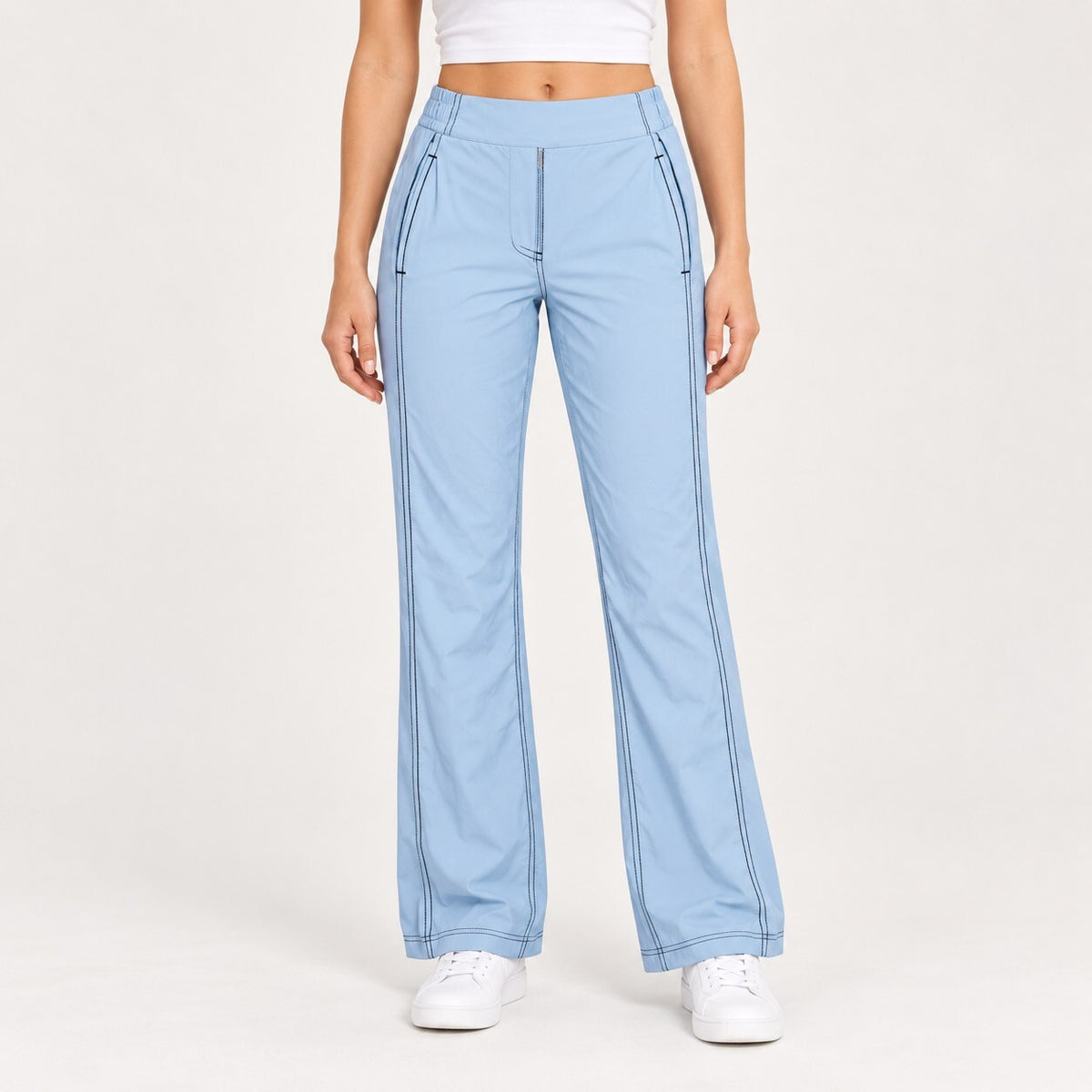 NWT Halara High Waisted Contrast Stitch Flare Pants Light Blue Size XS