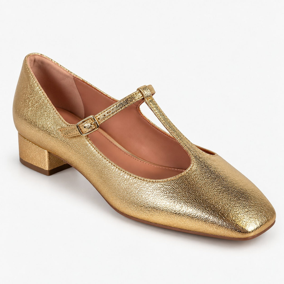 NWB Linea Paolo Marcel Gold Crinkle Metallic Leather T-Strap Pumps Size 8.5