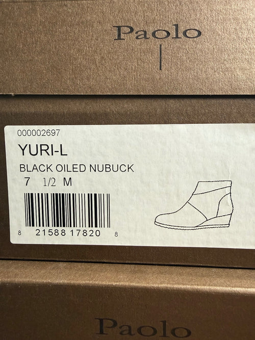 NWB Linea Paolo Yuri Black Oiled Nubuck Wedge Ankle Boots Size 7.5