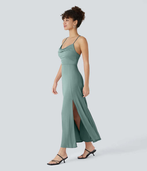 NWT Halara Ribbed Cowl Neck Lace Up Midi Dress Clear Green Size Large