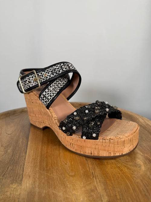 NWB Linea Paolo Varena Black Raffia Embellished Wedge Sandals Size 9