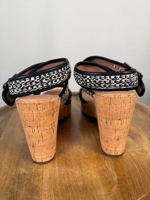 NWB Linea Paolo Varena Black Raffia Embellished Wedge Sandals Size 7.5