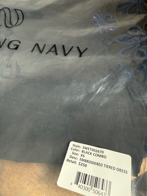 NWT Something Navy Black Combo Floral Eyelet Embroidered Tiered Dress Size XS