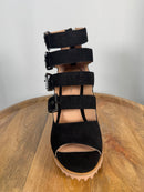 NWB Linea Paolo Wisteria Black Suede Buckle Wedge Sandals Size 5.5