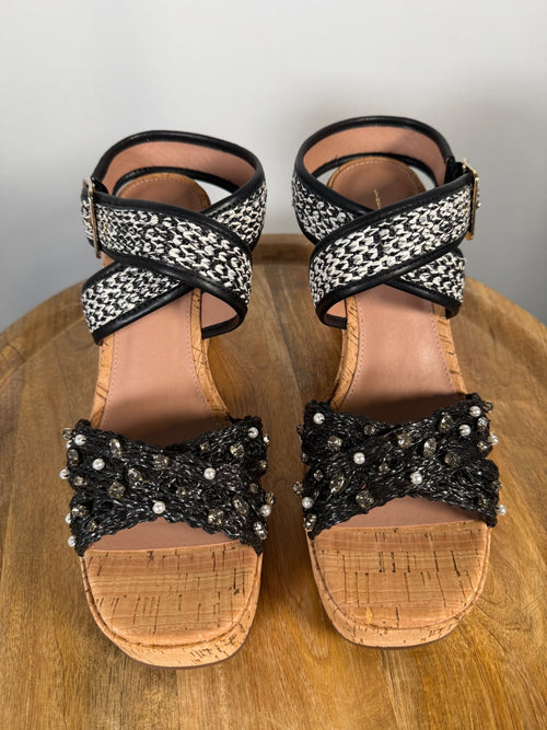 NWB Linea Paolo Varena Black Raffia Embellished Wedge Sandals Size 9.5