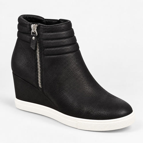 NWB Linea Paolo Frieda Black Oiled Leather Wedge Sneakers Size 7.5