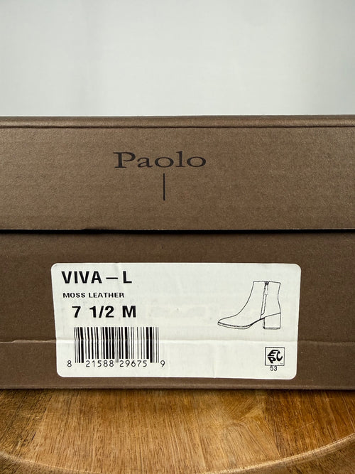 NWB Linea Paolo Viva Moss Leather Pointed Toe Block Heel Ankle Boots Size 7.5