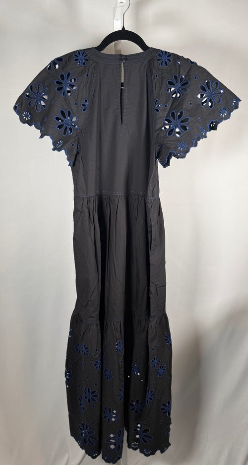 NWT Something Navy Black Combo Floral Eyelet Embroidered Tiered Dress Size XS