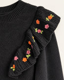 NWT Something Navy Louise Black Floral Embroidered Ruffle Sweater Size Medium