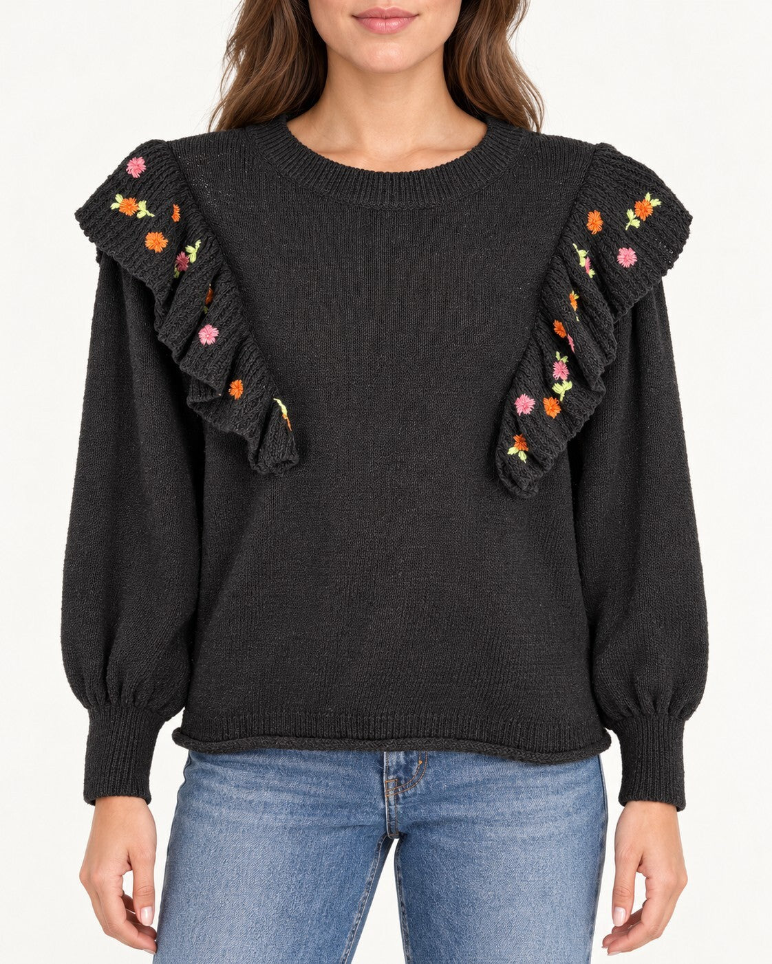 NWT Something Navy Louise Black Floral Embroidered Ruffle Sweater Size XS
