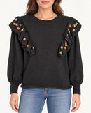 NWT Something Navy Louise Black Floral Embroidered Ruffle Sweater Size XS