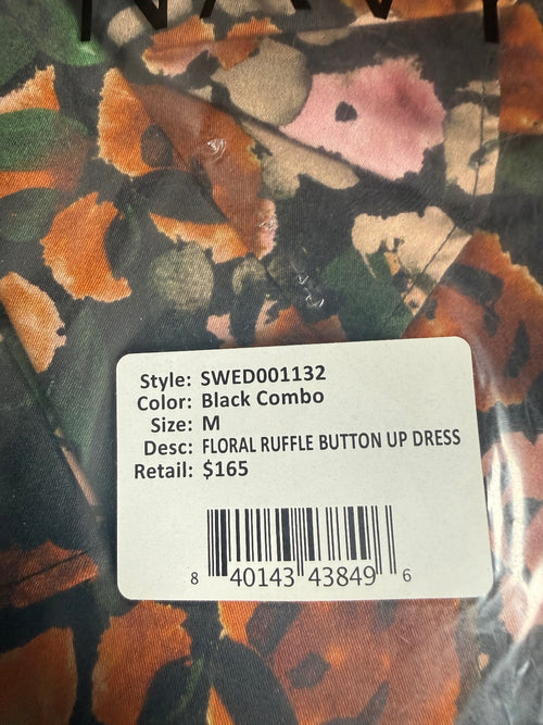 NWT Something Navy Floral Ruffle Button Up Dress Black Combo Size Medium