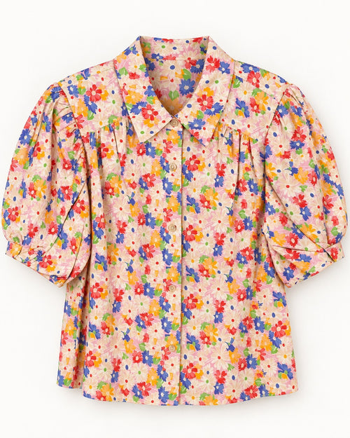 NWT Something Navy Floral Puff Sleeve Button Up Blouse Cream Multi Size Medium