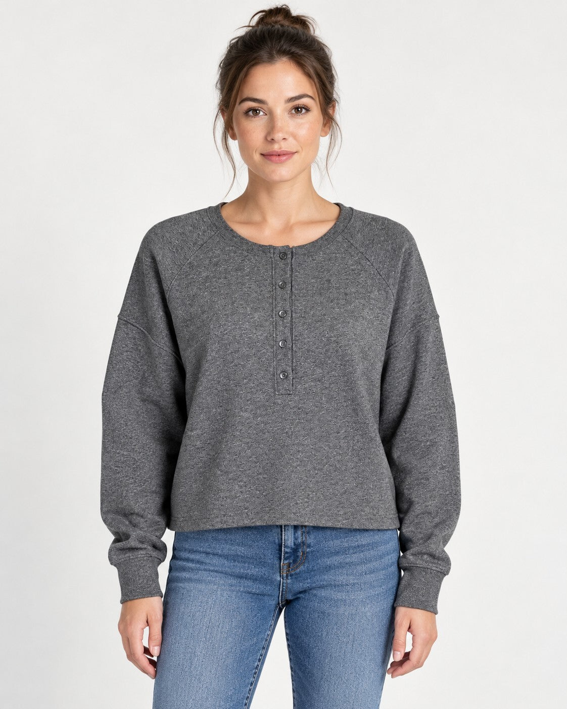 NWT Something Navy Heather Gray Henley Long Sleeve Sweatshirt Size XS