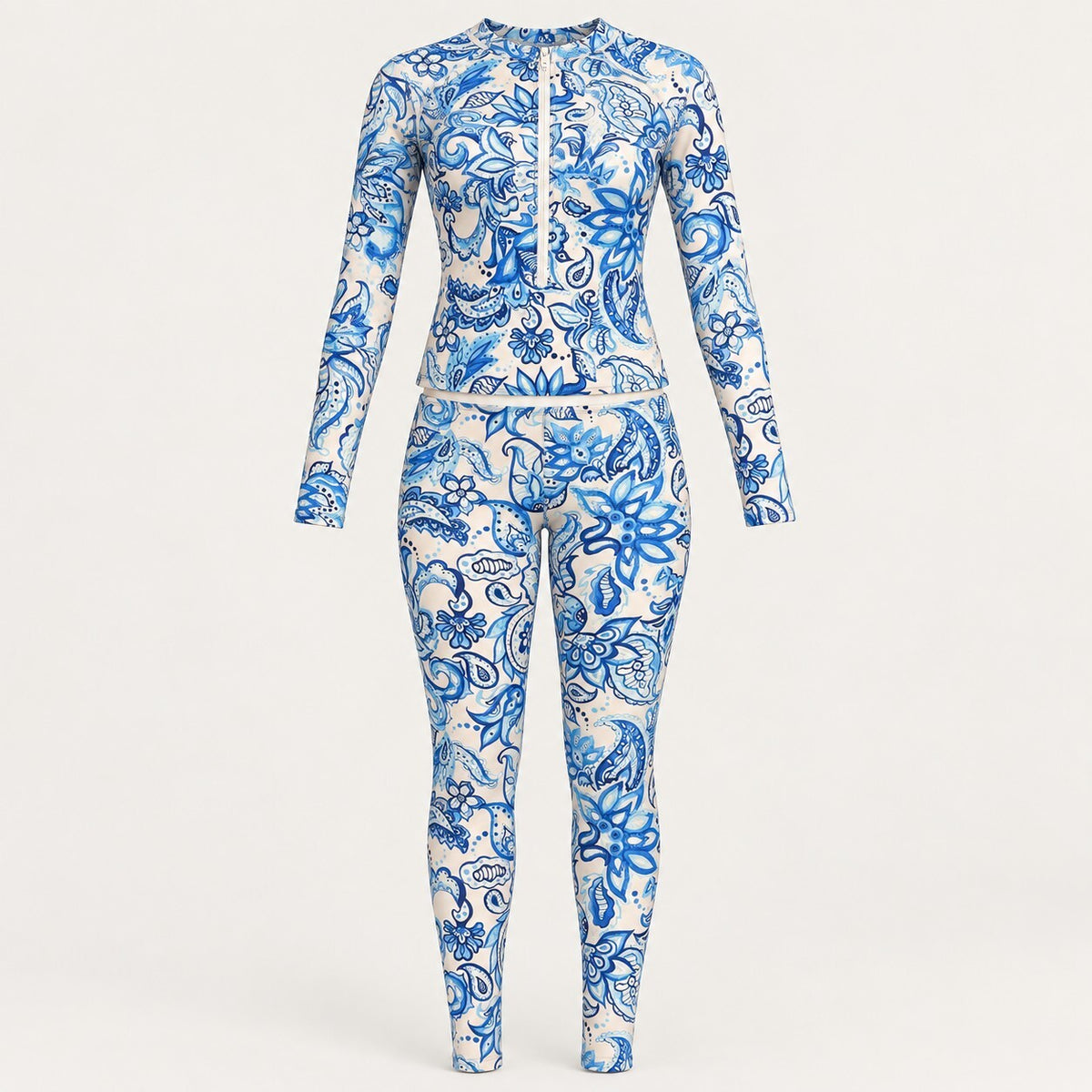 NWT Cupshe Floral Long Sleeve Quarter Zip Rash Guard Swim Leggings Set Size S