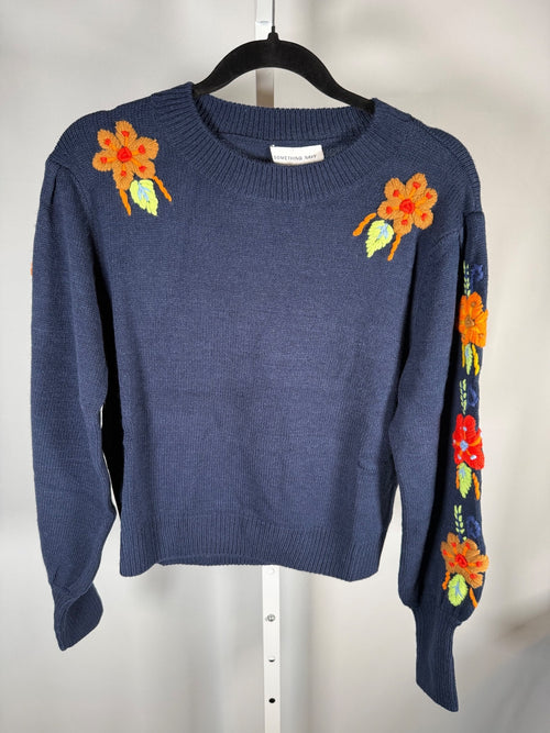 NWT Something Navy Navy Floral Embroidered Crew Neck Sweater Size XXS
