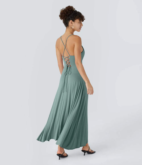 NWT Halara Ribbed Cowl Neck Lace Up Midi Dress Clear Green Size Large