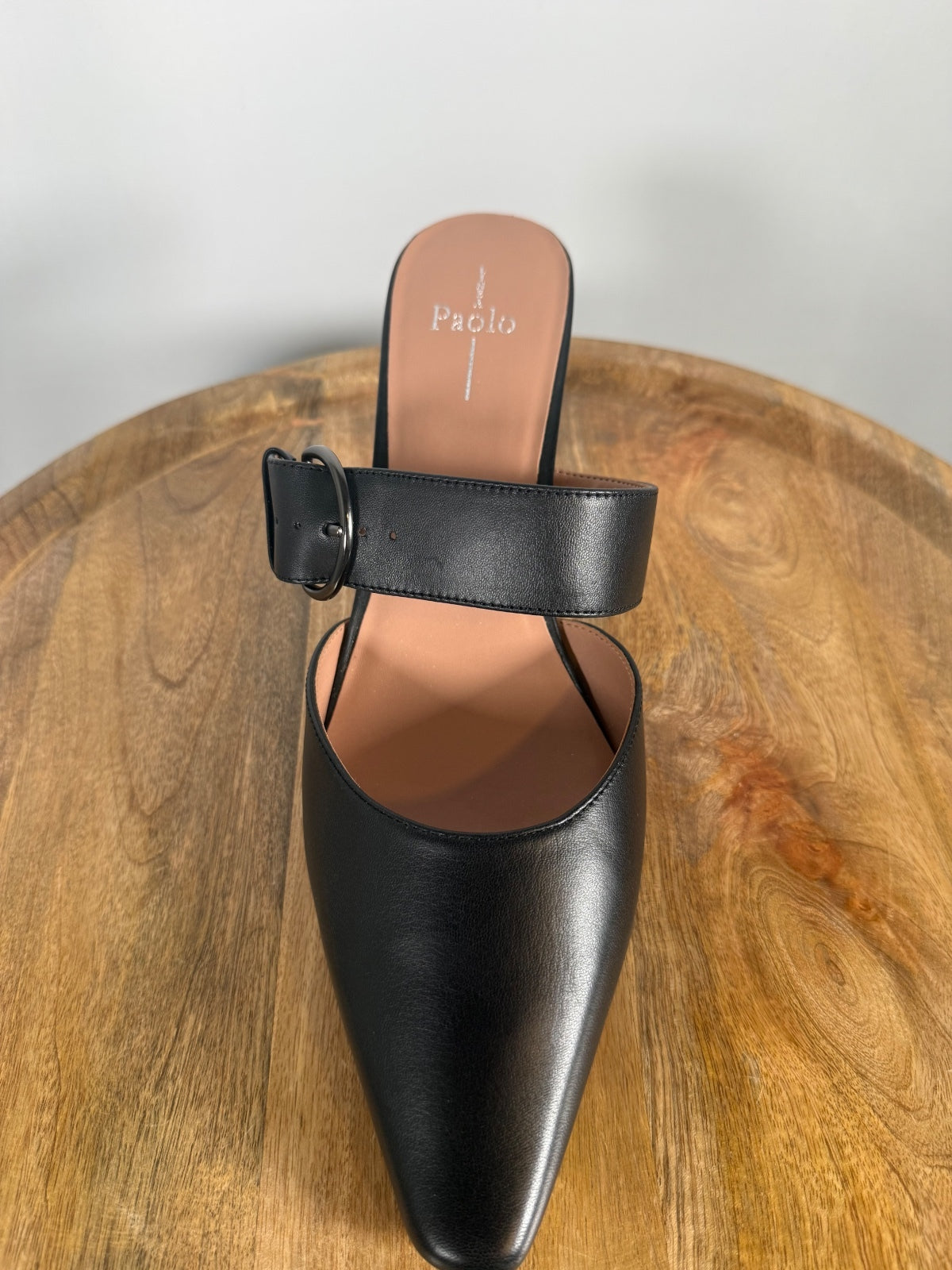 NWB Linea Paolo Cynthia Black Nappa Leather Buckle Kitten Heel Mules Size 5