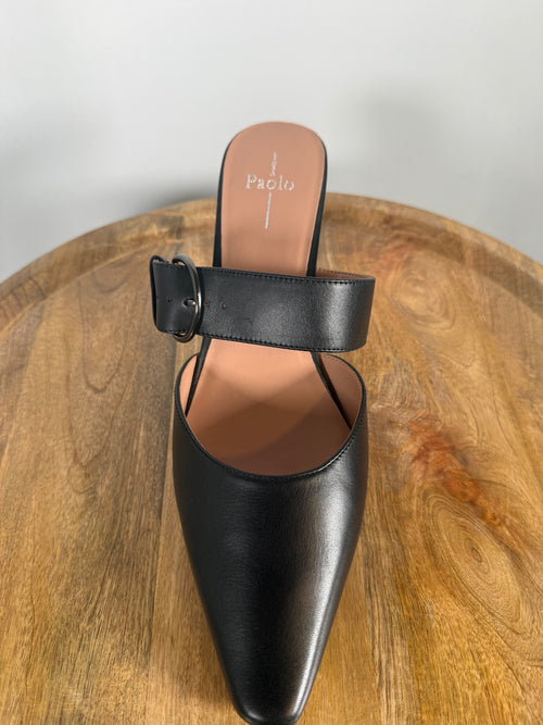 NWB Linea Paolo Cynthia Black Nappa Leather Buckle Kitten Heel Mules Size 5
