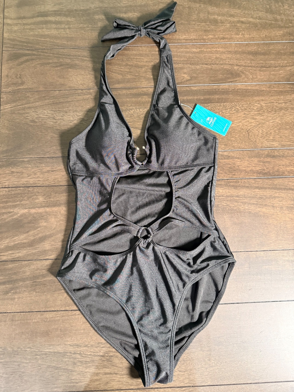 NWT Cupshe Black Halter Cutout O-Ring One Piece Swimsuit Size Small