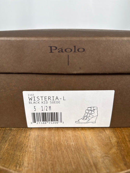 NWB Linea Paolo Wisteria Black Suede Buckle Wedge Sandals Size 5.5