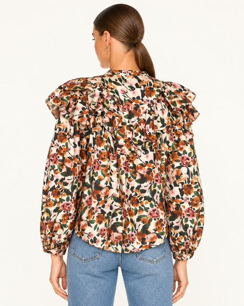 NWT Something Navy Cream Multi Floral Ruffle Long Sleeve Blouse Size Medium
