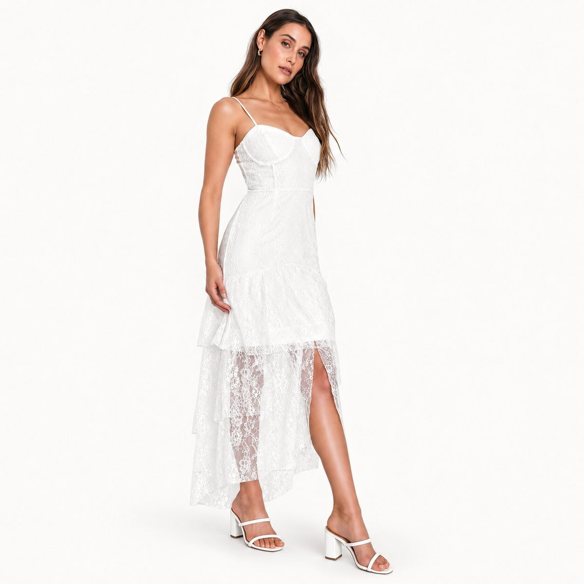 NWT Lulus Elaborate Love White Lace Bustier Tiered High-Low Maxi Dress Size M