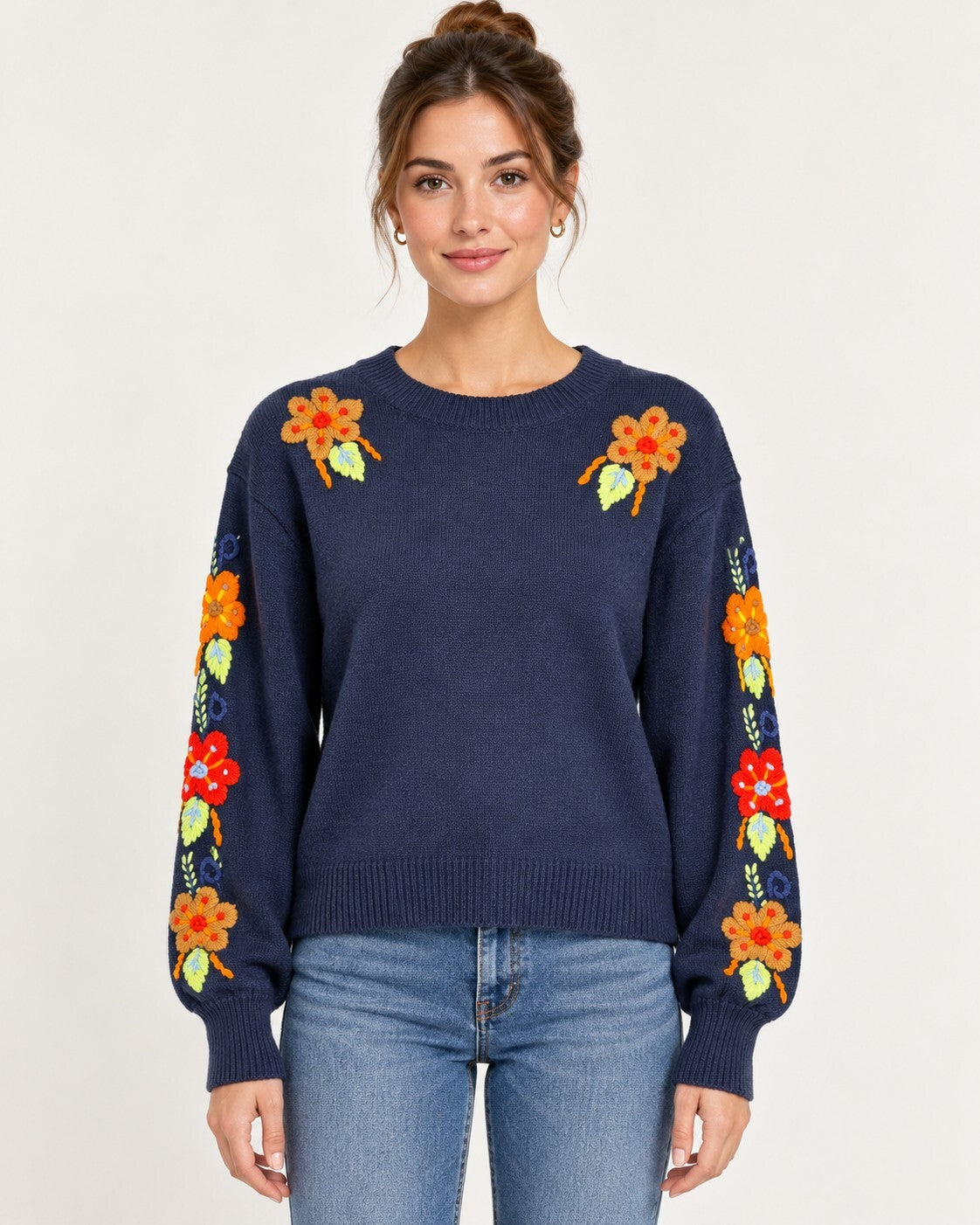 NWT Something Navy Navy Floral Embroidered Crew Neck Sweater Size XXS