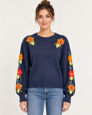NWT Something Navy Navy Floral Embroidered Crew Neck Sweater Size XXS