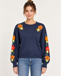 NWT Something Navy Navy Floral Embroidered Crew Neck Sweater Size XXS