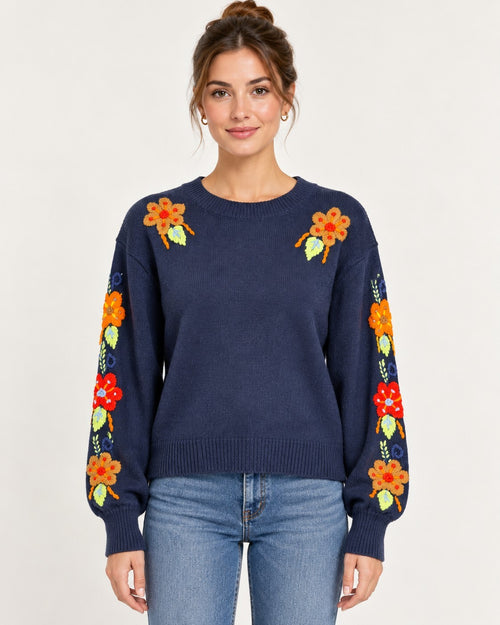 NWT Something Navy Navy Floral Embroidered Crew Neck Sweater Size XXS
