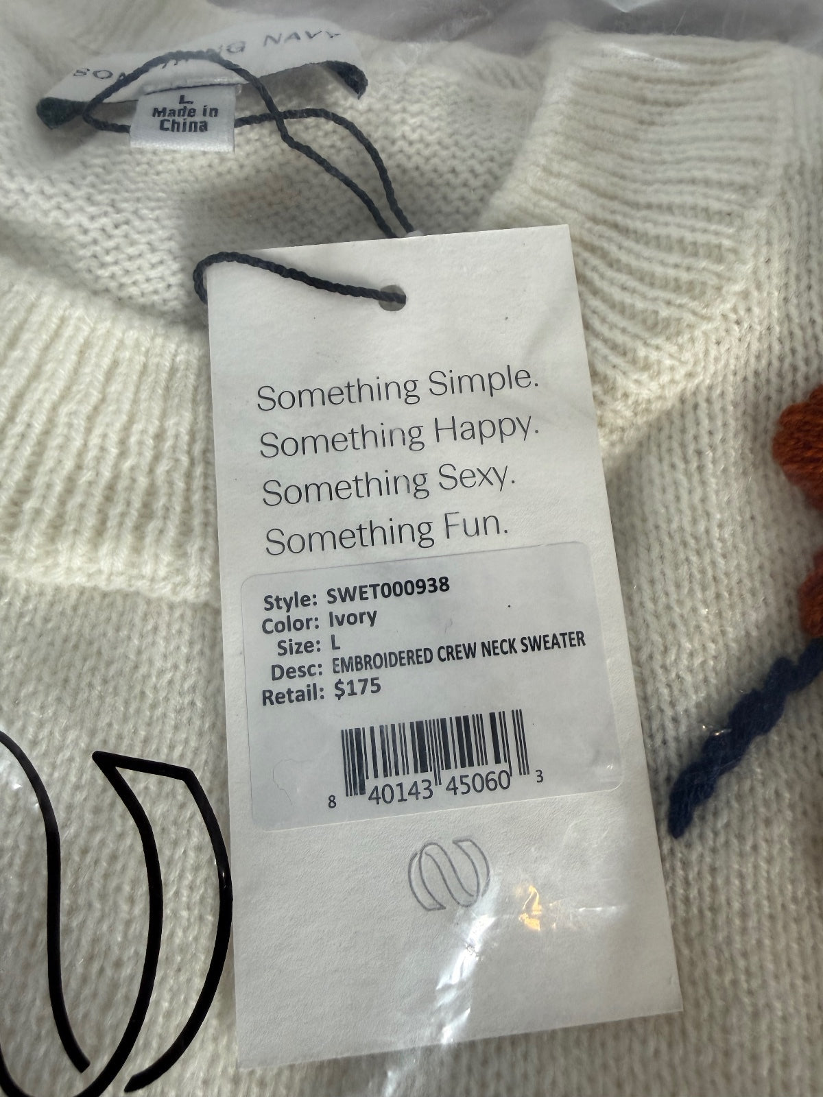 NWT Something Navy Ivory Floral Embroidered Crew Neck Sweater Size Large