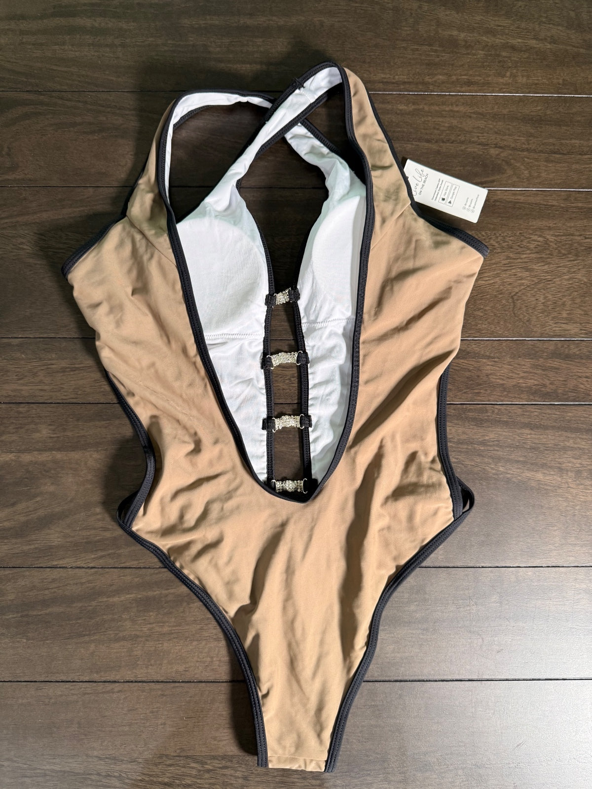NWT Cupshe Tan Black Rhinestone Strappy Cutout One Piece Swimsuit Size Small