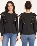 NWT Something Navy Louise Black Floral Embroidered Ruffle Sweater Size Small