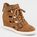 NWB Linea Paolo Fave Tan Kid Suede Cutout Wedge Sneakers Size 9