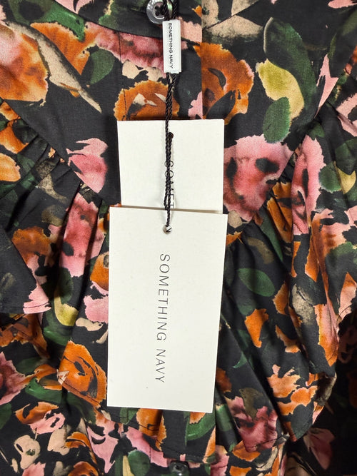 NWT Something Navy Floral Ruffle Button Up Dress Black Combo Size XS