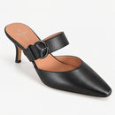 NWB Linea Paolo Cynthia Black Nappa Leather Buckle Kitten Heel Mules Size 5