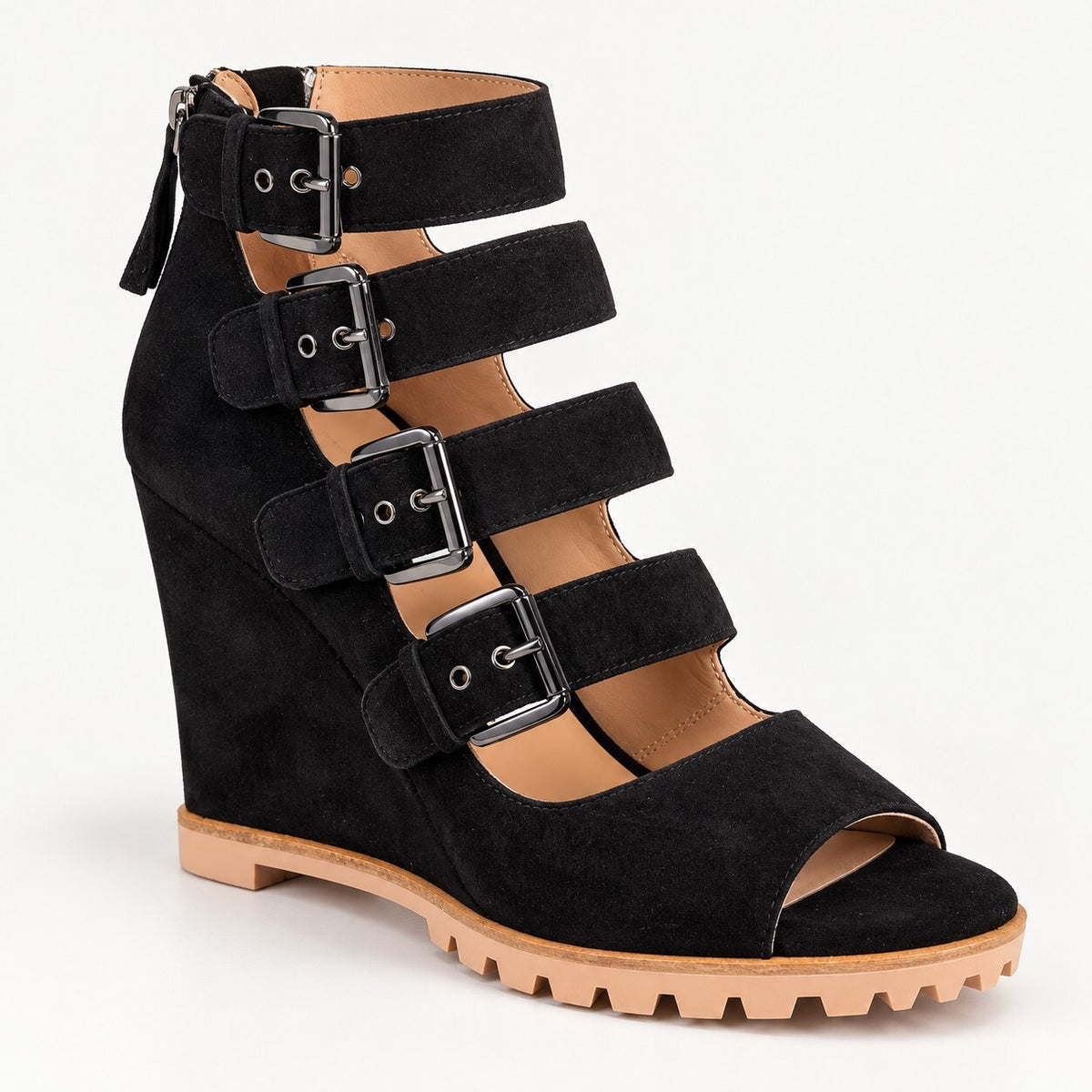 NWB Linea Paolo Wisteria Black Suede Buckle Wedge Sandals Size 7.5