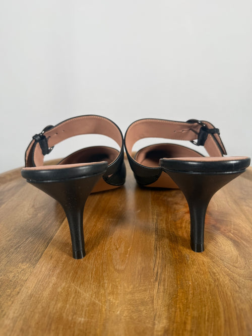 NWB Linea Paolo Cynthia Black Nappa Leather Buckle Kitten Heel Mules Size 12