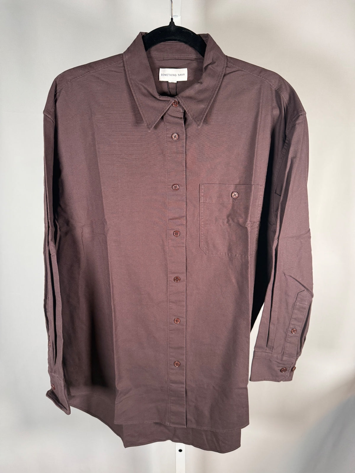 NWT Something Navy Brown Classic Button Up Long Sleeve Shirt Size XS