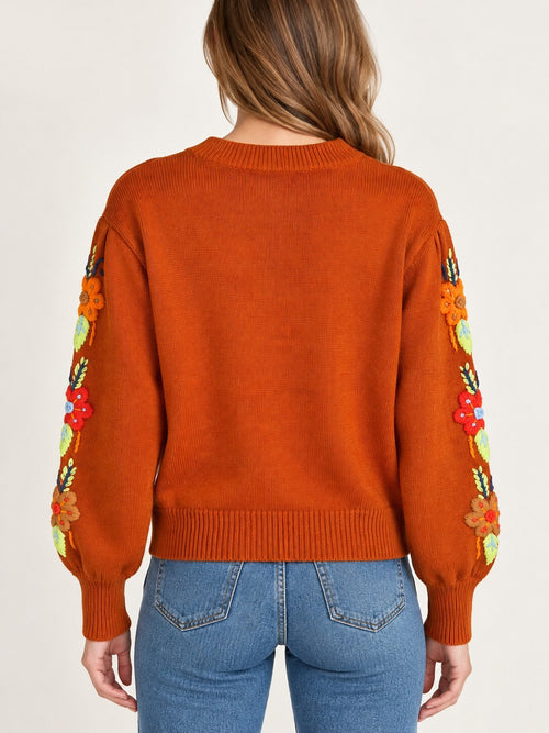 NWT Something Navy Burnt Orange Floral Embroidered Crew Neck Sweater Size Large