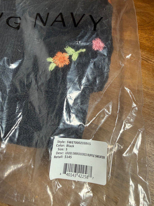 NWT Something Navy Louise Black Floral Embroidered Ruffle Sweater Size Small
