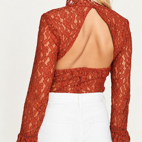 NWT REVOLVE Endless Rose Lace Open Back Bell Sleeve Bodysuit Size XS
