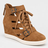 NWB Linea Paolo Fave Tan Kid Suede Cutout Wedge Sneakers Size 8.5