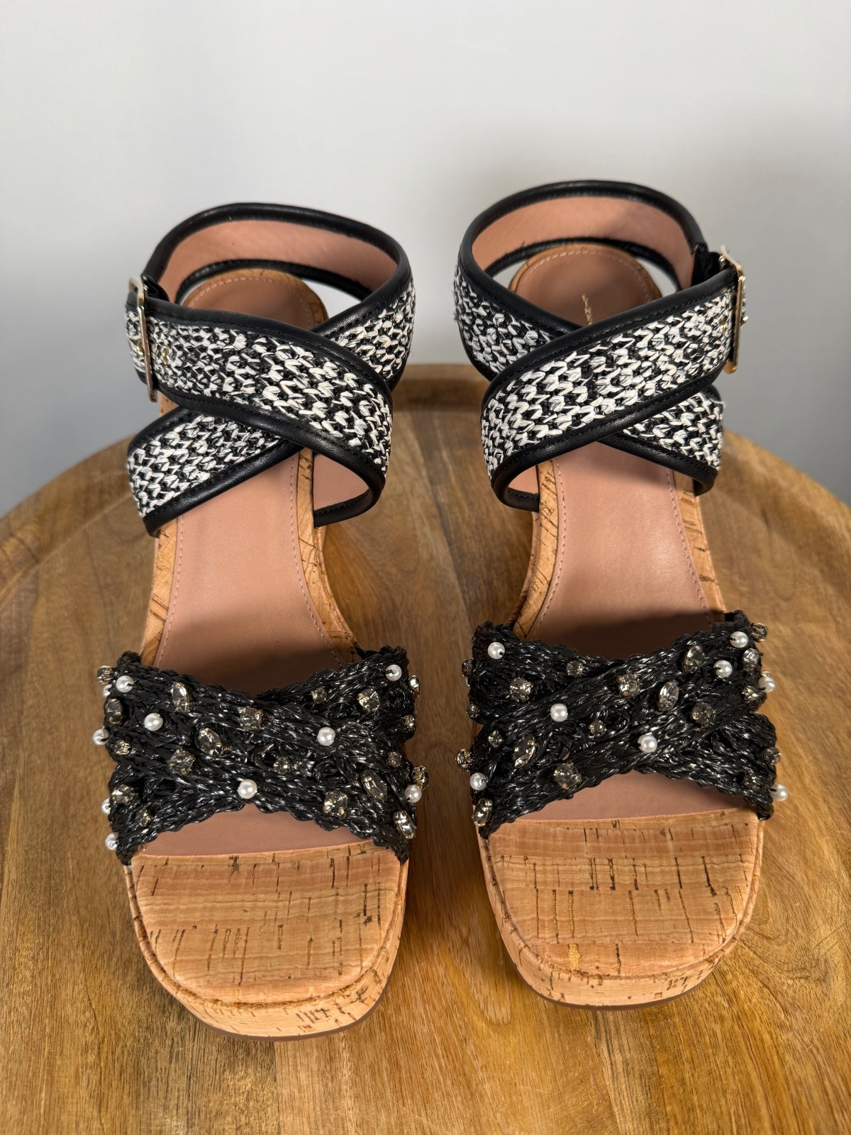NWB Linea Paolo Varena Black Raffia Embellished Wedge Sandals Size 7